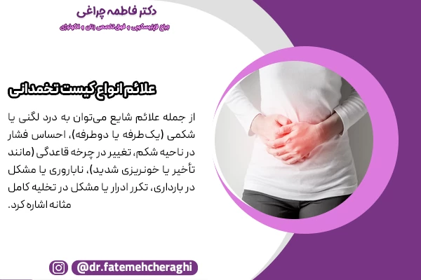 درد خفیف یا احساس فشار در پایین شکم، نفخ، نامنظمی قاعدگی و گاهی درد هنگام رابطه جنسی از جمله علائم انواع کیست تخمدانی محسوب میشوند
