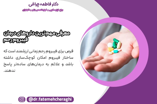 داروهای تنظیم‌کننده هورمون‌ها (مانند GnRH آنالوگ‌ها)، قرص‌های جلوگیری از بارداری برای کنترل خونریزی و اولی‌پریستال (Ulipristal acetate) ها از جمله مهمترین داروهای درمان فیبروم رحم محسوب میشوند