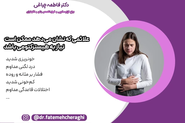 علائمی که نشان می‌دهد نیاز به هیسترکتومی وجود دارد شامل درد لگنی، خونریزی شدید، فشار بر مثانه و روده است