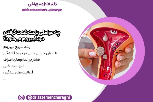 رشد سریع فیبروم، افزایش جریان خون در دوره قاعدگی و فشار بر اندام‌های اطراف از جمله عواملی هستند که سبب شدت گرفتن درد فیبروم رحم میشوند